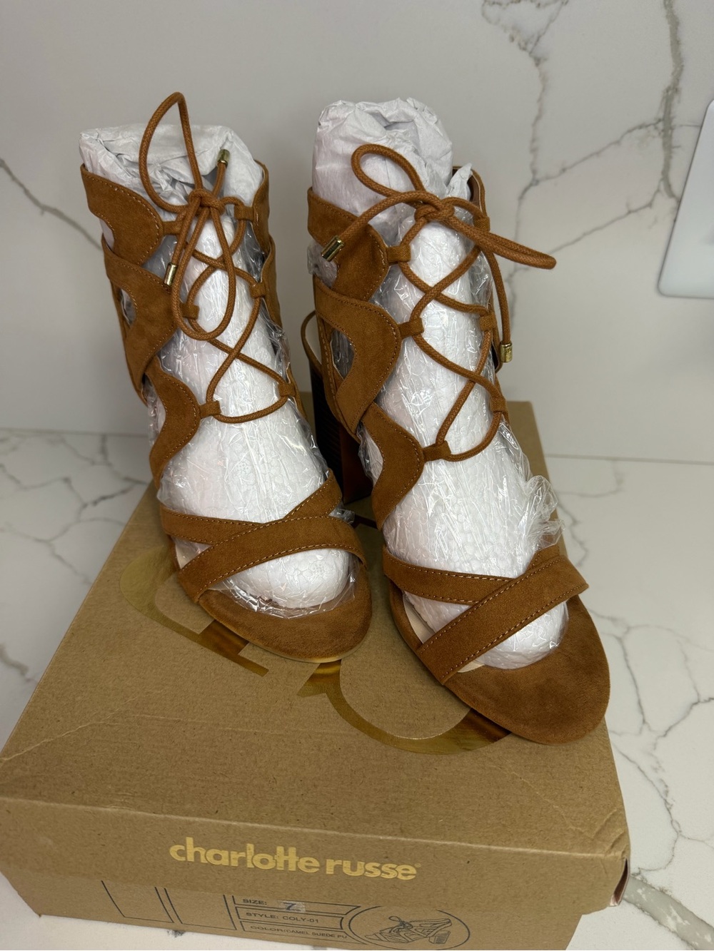 Charlotte Russe Brown Suede Lace-Up High Heel Sandals